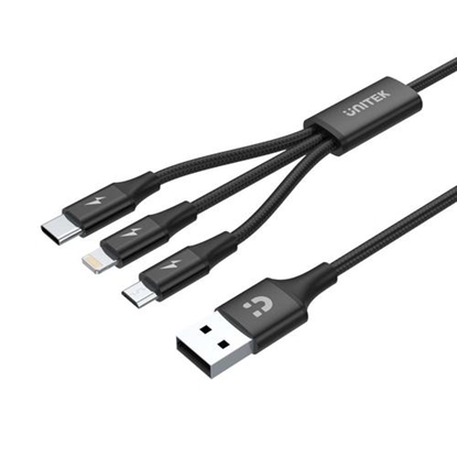 Attēls no Kabel USB Unitek USB-A - USB-C + microUSB + Lightning 1.2 m Czarny (C14049BK)