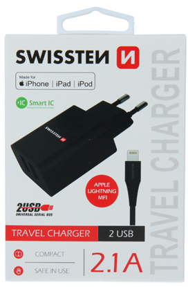 Attēls no Swissten Smart IC Travel Charger 2x USB 2.1A with Lightning MFI Cable 1.2 m