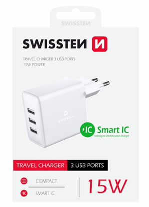 Attēls no Swissten Smart IC Travel Charger 3x USB 3А 15W