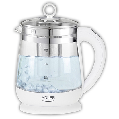 Attēls no Adler Kettle AD 1299 Electric, 2200 W, 1.5 L, Glass/Stainless steel, 360° rotational base, White
