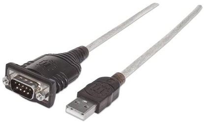 Picture of Manhattan USB-A to Serial Converter cable, 45cm, Male to Male, Serial/RS232/COM/DB9, FTDI FT232RL Chip, Equivalent to Startech ICUSB2321F, Black/Silver cable, Three Years Warranty, Polybag