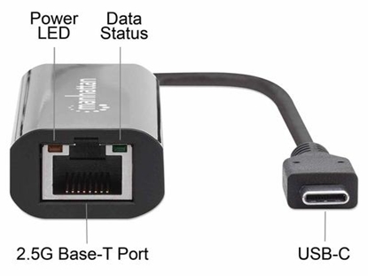 Изображение Manhattan USB-C to 2.5GBASE-T Gigabit (10/100/1000 Mbps & 2.5 Gbps) RJ45 Network Adapter, Equivalent to Startech US2GC30, Multi-Gigabit Ethernet, Black, Three Year Warranty, Box