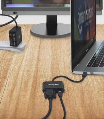 Attēls no Manhattan USB-C to VGA and USB-C (inc Power Delivery), 1080p@60Hz, 19.5cm, Black, Power Delivery to USB-C Port (60W), Equivalent to CDP2VGAUCP, Male to Female, Lifetime Warranty, Retail Box