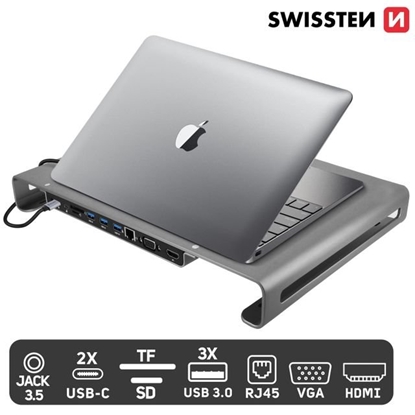 Picture of Swissten Multifunctional USB-C Laptop Docking Station / HDMI / USB 3.0 / 2x USB-C / RJ45 / SD / Micro SD / VGA / Audio