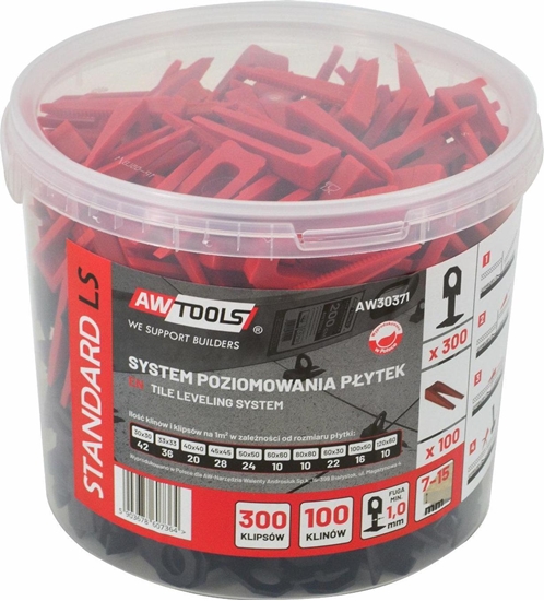 Изображение AWTools AWTOOLS SYSTEM POZIOMOWANIA PYTEK STANDARD 1,0mm - 7-15mm - KLIPS 300szt. + KLIN 100szt. AW30371