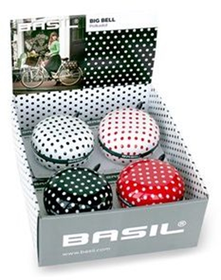 Изображение Basil Dzwonek rowerowy Big Bell Polkadot 80mm, mix kolorów pudeko 4szt. (BAS-50403)