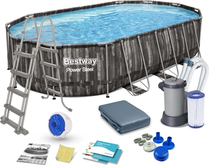 Attēls no Bestway Bestway Power Steel Frame Pool Set, 610 cm x 366 cm x 122 cm, swimming pool (dark brown/blue, wood decor, with filter pump)