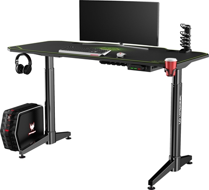 Attēls no Biurko Ultradesk Biurko dla gracza LEVEL V2 GREEN, 140x68cm, 72-117cm, regulowane elektrycznie, z podkadk pod mysz XXL, uchwyt na sucha