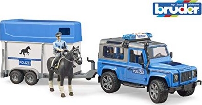 Изображение Bruder Land Rover Defender Policja z przyczepą dla konia, figurką konia i policjanta (02588)