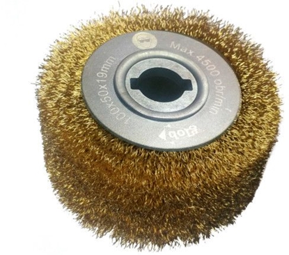 Attēls no Glob Szczotka tarczowa fi 100x48mm z drutu mosidzowanego falowanego z otworem zabierakowym fi 19mm (GLOB-SZ-DRUT100-048-19)