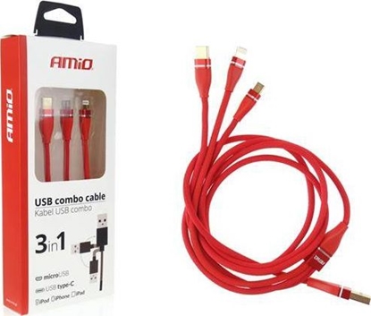 Изображение Kabel USB AMiO USB-A - USB-C + microUSB + Lightning 1.2 m Czerwony (V31AC-AMI-02178)