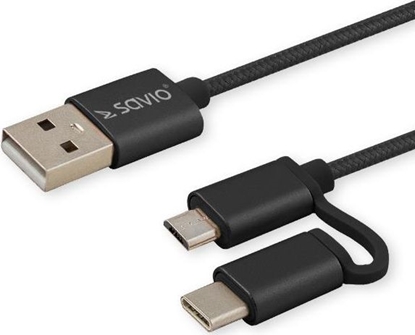 Attēls no Kabel USB Savio USB-A - microUSB + USB-C 1 m Czarny (CL-128)