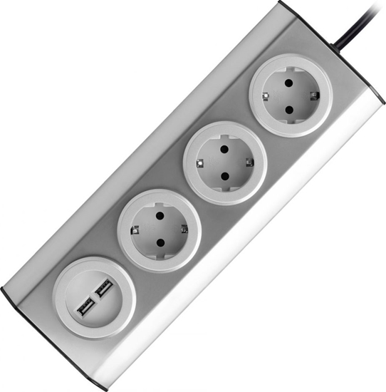 Picture of Orno Gniazdo meblowe, kuchenne z adowark USB, montowane na rzepy z przewodem 1,5m - 3x2P+Z schuko, 2xUSB, INOX z przewodem 1,5m.
