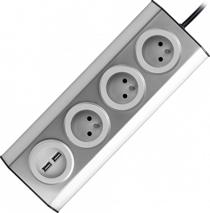 Picture of Orno Gniazdo meblowe, kuchenne z adowark USB, montowane na rzepy z przewodem 1,5m - 3x2P+Z, 2xUSB, INOX z przewodem 1,5m.