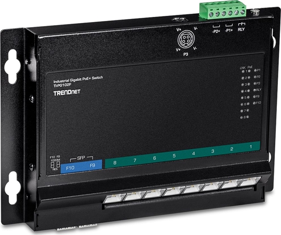 Picture of Trendnet 10-Port Industrial Gigabit PoE+ WallMount Front Acc