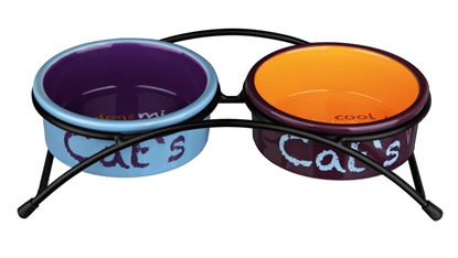 Attēls no Trixie Zestaw misek ceramicznych Eat on Feet na stojaku, 2 × 0.3 l/o 12 cm, jasnoniebieska/pomarańczowa/fiolet