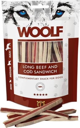 Picture of WOOLF  Woolf Przysmak Pies Long Beef&Cod Sandwich - Woowina z Dorszem paski, 100g