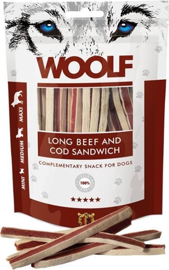 Picture of WOOLF  Woolf Przysmak Pies Long Beef&Cod Sandwich - Woowina z Dorszem paski, 100g