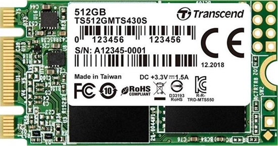 Picture of SSD|TRANSCEND|430S|512GB|M.2|SATA 3.0|TLC|Write speed 500 MBytes/sec|Read speed 560 MBytes/sec|MTBF 1000000 hours|TS512GMTS430S