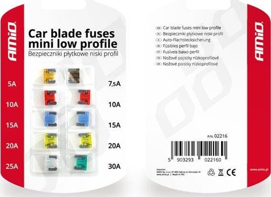 Изображение AMiO Bezpieczniki samochodowe pytkowe niski profil 10 szt.