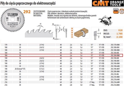 Picture of Griešanas disks kokam CMT 292; 184x2,6x30; Z40; 15°