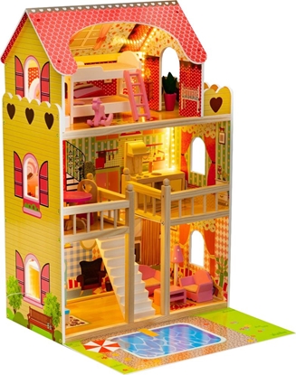 Изображение Funfit Drewniany domek dla lalek z basenem oraz oświetleniem LED RGB + 2 lalki