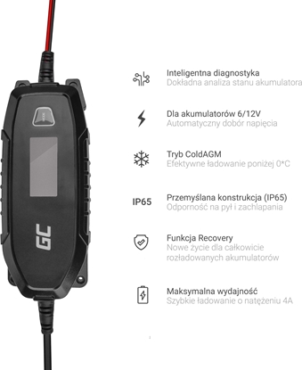 Изображение Green Cell Automatyczna adowarka, Prostownik Green Cell do akumulatorów 6V / 12V (4A) z funkcj inteligentnej diagnostyki