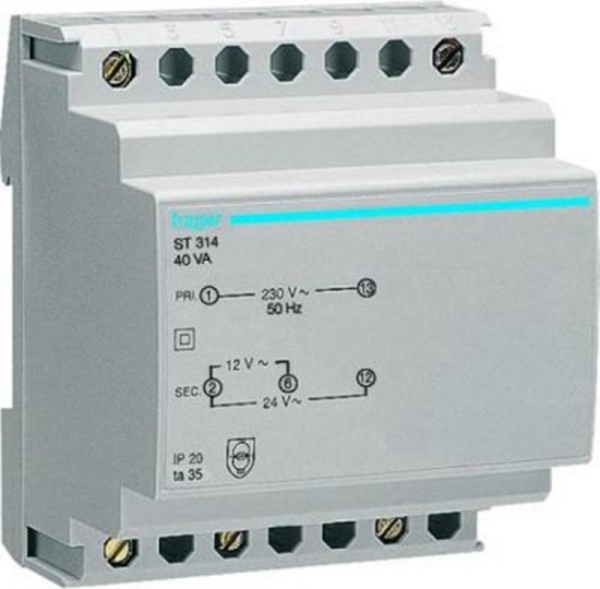 Picture of Hager Transformator bezpieczestwa moduowy 230/12-24V AC 1,04-2,08A 25VA IP20 (ST312)