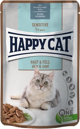 Изображение Happy Cat Sensitive Meat in Sauce Skin & Coat, mokra karma, dla kotów dorosłych, dla zdrowej skóry i sierści, kurczak i łosoś, 85 g, saszetka