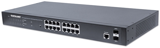 Picture of Intellinet 16-Port Gigabit Ethernet PoE+ Web-Managed Switch with 2 SFP Ports, IEEE 802.3at/af Power over Ethernet (PoE+/PoE) Compliant, 374 W, Endspan, 19" Rackmount (Euro 2-pin plug)