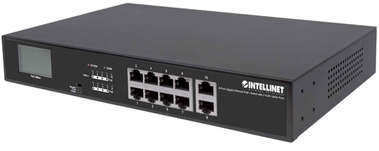 Picture of Intellinet 8-Port Gigabit Ethernet PoE+ Switch with 2 RJ45 Gigabit Uplink Ports and LCD Screen, LCD Display, IEEE 802.3at/af Power over Ethernet (PoE+/PoE) Compliant, 130 W, Endspan, 19" Rackmount (Euro 2-pin plug)