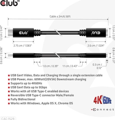 Attēls no Kabel USB Club 3D USB-C - USB-C 2 m Czarny (CAC-1529)