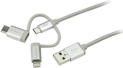 Изображение Kabel USB StarTech USB-A - USB-C + microUSB + Lightning 1 m Srebrny (LTCUB1MGR)