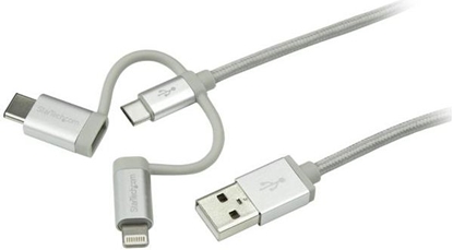 Attēls no Kabel USB StarTech USB-A - USB-C + microUSB + Lightning 1 m Srebrny (LTCUB1MGR)