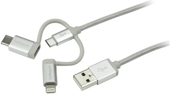 Picture of Kabel USB StarTech USB-A - USB-C + microUSB + Lightning 1 m Srebrny (LTCUB1MGR)