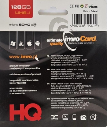 Attēls no Karta Imro MicroSDHC 128 GB Class 10 UHS-I/U1  (10/128G UHS-I ADP)