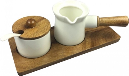 Picture of Set sugar bowl and milk bowl, porcelain - acacia wood Kassel. 23x10x1,2cm
