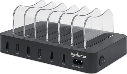 Изображение Manhattan Charging Station, 6x USB-A Ports, Outputs: 6x 2.4A, Smart IC, LED Indicator Lights, Black, Three Year Warranty, Box