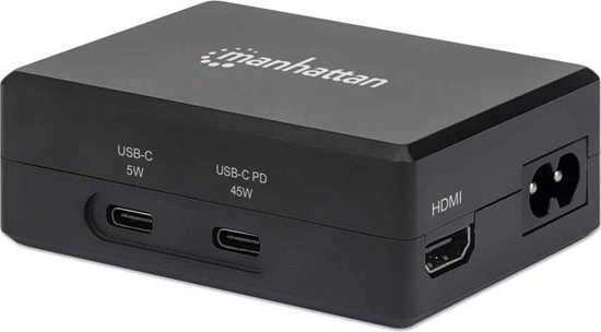 Изображение Manhattan Smart Video Multiport Dock, Ports (x5): HDMI Port, USB-A (x2), USB-C (x2), With Power Delivery to USB-C Port, Internal Power Supply, Ultra-Compact, Detachable Power Cable, Black, Three Year Warranty, Retail Box