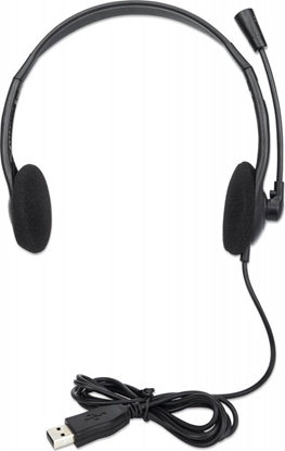 Изображение Manhattan Stereo On-Ear Headset (USB), Microphone Boom, Retail Box Packaging, Adjustable Headband, Ear Cushion, 1x USB-A for both sound and mic use, cable 1.5m, Three Year Warranty