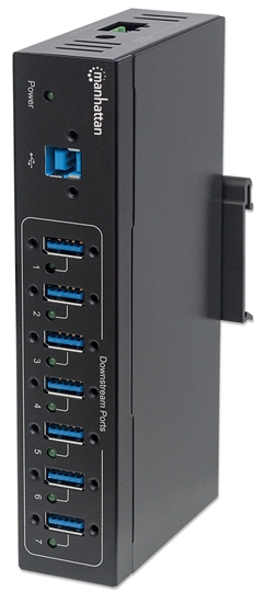 Picture of Manhattan USB-A 7-Port Hub Industrial, 7x USB-A Ports, 5 Gbps (USB 3.2 Gen1 aka USB 3.0), 20 kV ESD Protection, A/C, Bus and Terminal-Block Power Options, DIN Rail, Wall Mountable, Metal Housing, Screw-Lock Security, SuperSpeed USB, Black, Three Year Warr