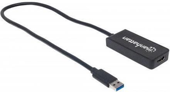 Picture of Manhattan USB-A to HDMI Adapter Cable, 60cm, Male to Female, 5 Gbps (USB 3.2 Gen1 aka USB 3.0), 2560x1440 @ 32-bit colour, Full HD video 1080p@16:9, Black, Blister