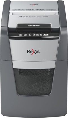 Picture of Rexel Optimum AutoFeed+ 100M Paper Shredder, Micro-cut shredding 2x15mm P-5 34L 55dB, Grey/Black