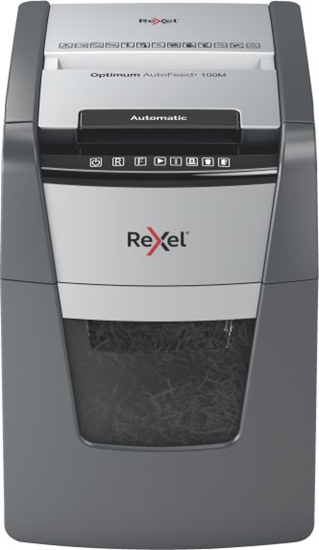 Picture of Rexel Optimum AutoFeed+ 100M Paper Shredder, Micro-cut shredding 2x15mm P-5 34L 55dB, Grey/Black