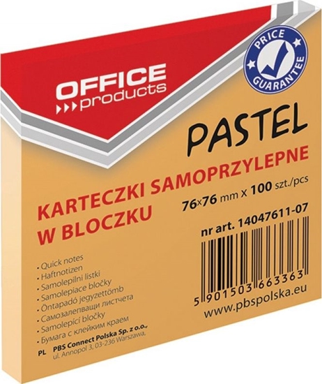 Picture of Office Products NOTES SAMOPRZYLEPNY OFFICE PRODUCTS 76X76MM PASTELOWY POMARACZOWY