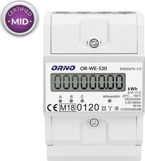 Picture of Orno 3-fazowy licznik energii elektrycznej, 80A, MID, 3 moduy, DIN TH-35mm