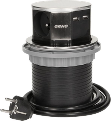 Attēls no Orno Gniazdo meblowe ?10cm wysuwane z blatu z adowark USB i przewodem 1,5m, 3x2P+Z, 2xUSB, INOX
