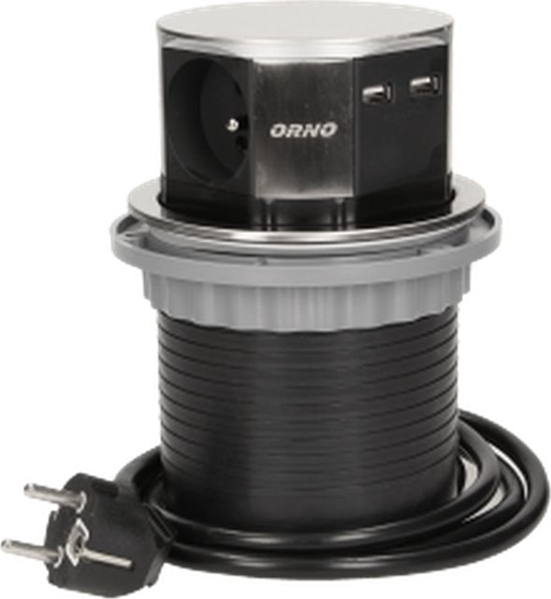 Picture of Orno Gniazdo meblowe ?10cm wysuwane z blatu z adowark USB i przewodem 1,5m, 3x2P+Z, 2xUSB, INOX