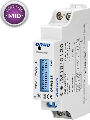 Picture of Orno ORNO 1-fazowy licznik energii elektrycznej, 40A, MID, wyjcie impulsowe, podwietlenie, 1 modu OR-WE-521