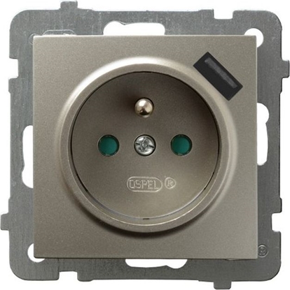 Attēls no Ospel AS Gniazdo pojedyncze z uziemieniem z przesonami torów prdowych, z adowark USB satyna light GP-1GZPUSB/m/45
